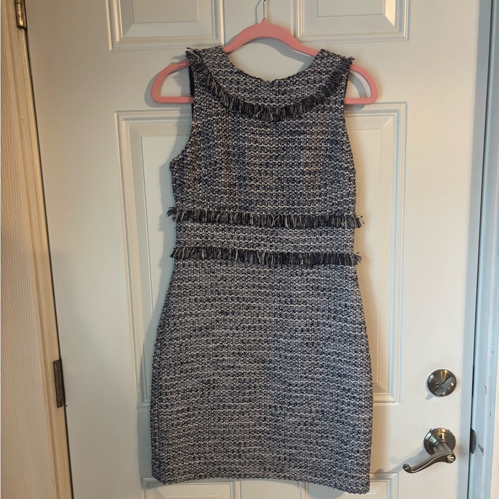 Wedding Guest Ready Sail to Sable Navy & White Tweed Fringe Shift Dress - Picture 2 of 11